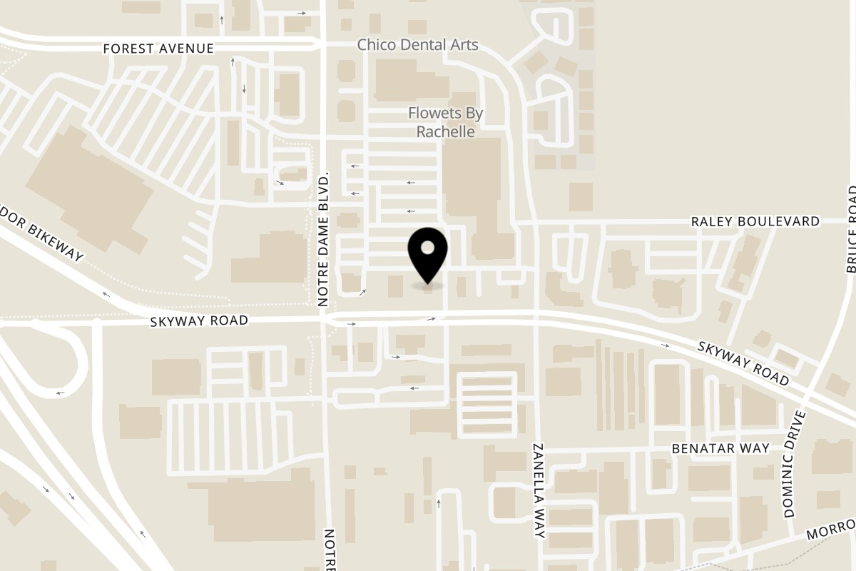 Map showing the location of Burrito Bandito Chico on 2485 Notre Dame Blvd in Chico